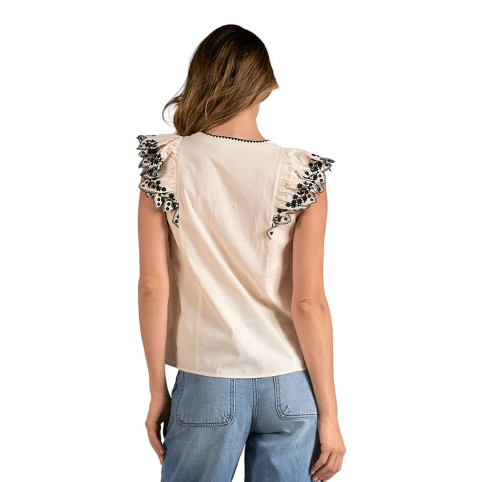 ELAN - EMBROIDERED RUFFLE BLOUSE - NATURAL/BLACK FINAL