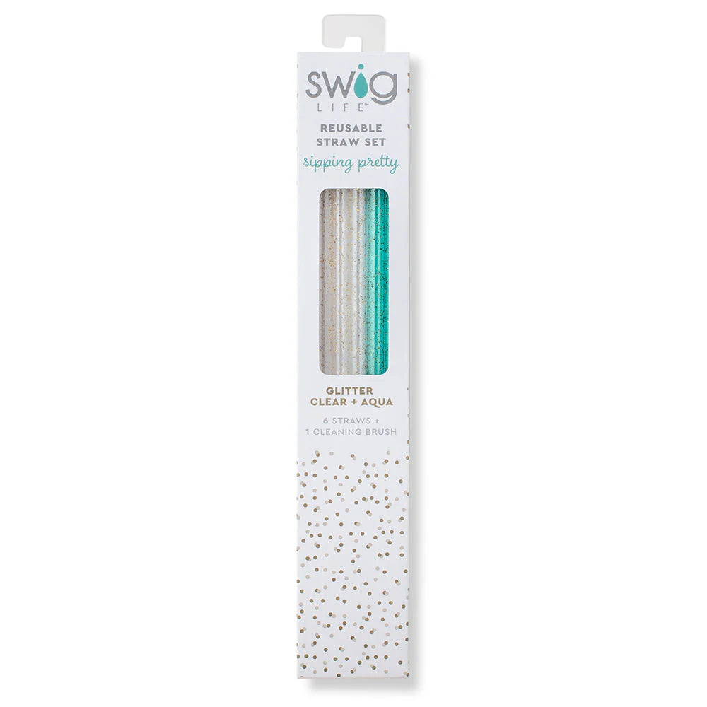 Swig: CLEAR GLITTER + AQUA Reusable Straws